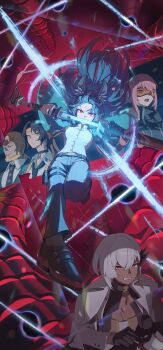 2boys 3girls absurdres animal_ear_fluff animal_ears aqua_jacket asaba_harumasa beard belt black_choker black_gloves black_hair black_necktie black_pants black_shoes blonde_hair breasts brown_eyes choker cleavage clenched_teeth closed_eyes closed_mouth coat commentary_request ethereal_(zenless_zone_zero) facial_hair floating_hair fox_ears fox_girl gloves glowing glowing_sword glowing_weapon grey_hair half_gloves highres holding holding_sword holding_weapon hoshimi_miyabi jacket katana large_breasts long_hair looking_at_viewer medium_breasts multiple_boys multiple_girls necktie odd_(hin_yari) official_alternate_costume open_clothes open_mouth pants pendant_choker pink_eyes pink_hair pouch red_background red_eyes sheath shirt shoes short_hair single_glove sweatdrop sword teeth thigh_pouch tinted_eyewear tsukishiro_yanagi unsheathing weapon white_coat white_shirt yellow-tinted_eyewear yellow_eyes yellow_visor zenless_zone_zero