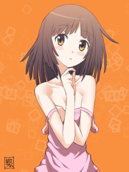 1girl :< artist_name bakemonogatari bare_shoulders blunt_bangs blush_stickers breasts brown_eyes brown_hair camisole cleavage closed_mouth collarbone commentary double_strap_slip hand_on_own_chin highres kikumaru_bunta looking_afar looking_away looking_up medium_hair monogatari_(series) orange_background pink_camisole sengoku_nadeko signature small_breasts solo square strap_slip thinking translated upper_body