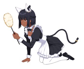 1girl animal_ears apron artpatient black_bow black_bowtie black_dress black_hair black_ribbon black_shoes bow bowtie braid breasts brown_eyes cat_ears cat_girl cat_tail cleavage closed_mouth commentary dark-skinned_female dark_skin detached_collar dress frilled_apron frilled_dress frills full_body half_up_braid hand_up highres holding kneeling long_sleeves looking_to_the_side maid mary_janes medium_breasts original pantyhose puffy_sleeves ribbon shoes straight_hair tail white_apron white_pantyhose