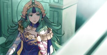 1girl dress eyelashes fire_emblem fire_emblem:_fortune&#039;s_weave green_eyes green_hair hair_ornament highres imageprogram_(kent) long_hair looking_to_the_side nintendo open_mouth pointy_ears purple_dress solo sothis_(adult)_(fire_emblem) sothis_(fire_emblem) tassel tassel_hair_ornament upper_body very_long_hair