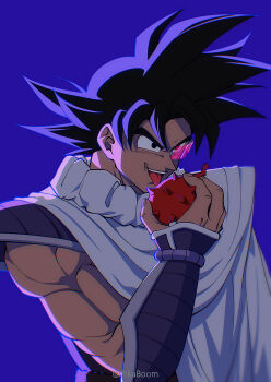 1boy armor artist_name black_eyes black_hair careful_x cloak commentary dark-skinned_male dark_skin dragon_ball dragonball_z food fruit highres holding holding_food holding_fruit imminent_bite male_focus muscular muscular_male open_mouth purple_armor purple_background red-tinted_eyewear saiyan saiyan_armor scouter solo spiked_hair tinted_eyewear tongue tongue_out tullece upper_body vambraces white_cloak