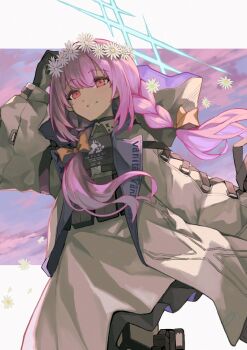 1girl atsuko_(blue_archive) black_gloves blue_archive blue_halo bow braid bulletproof_vest cloud commentary_request daisy_(flower) dress floating_clothes floating_hair flower flower_wreath gloves grin hair_bow halo hood hooded_jacket jacket letterboxed long_hair long_sleeves low_twin_braids orange_bow outside_border purple_hair purple_sky red_eyes sky smile solo sorano_eika twin_braids white_dress white_jacket