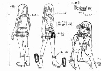 Rule 34 | 1girl, 2000s, aizawa masahiro, boots, reference sheet, from behind, frontal view, full body, gad guard, japanese text, legs, legs apart, long hair, looking at viewer, miniskirt, model pose, monochrome, multiple views, official art, on floor, panties, plaid clothes, plaid skirt, portrait, production art, production artwork, production note, production sketch, shinozuka arashi, shirt, skirt, socks, sweater, sweater vest, thighs, underwear, upskirt