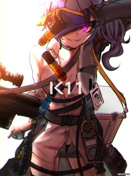 1girl 20x30mm_lv 20x30mm_lv_heab_k167 20x30mm_lv_p_k168 airburst_grenade_launcher airburst_round ammunition anti-materiel_cartridge arm_up artist_name assault_rifle backlighting belt bikini black_bikini black_panties blue_shorts bolt-action_grenade_launcher bolt_action breasts buckle bullet bullpup burst_fire_gun burst_fire_rifle cannon_cartridge carbine character_name choker clip_studio_paint_(medium) coat commentary_request computerized_scope cooler cowboy_shot daewoo_k11 dated dress dropping earrings explosive fragmentation_grenade fragmentation_warhead girls'_frontline gloves glowing glowing_eye grenade grenade_cartridge grenade_launcher grey_coat gun hair_between_eyes high-explosive_airburst_round high-explosive_cartridge holding holding_gun holding_weapon id_card jewelry k11_(girls'_frontline) korean_commentary leather leather_choker long_coat long_hair looking_at_viewer madcore medium_breasts messy_hair military_cartridge multi-weapon multimeter multiple-barrel_gun multiple_straps name_tag open_clothes open_coat open_dress panties parted_lips practice_round precision-guided_firearm precision-guided_munition purple_eyes rifle ringed_eyes scope shells short-barreled_rifle short_shorts shorts side_ponytail sidelocks sight_(weapon) signature simple_background single_earring skindentation smart_grenade smart_scope smirk solo strap subsonic_ammunition swimsuit telescopic_sight thermal_weapon_sight thigh_strap thighs underbarrel_assault_rifle underbarrel_rifle underwear weapon white_background white_dress