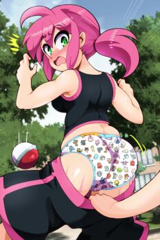 1girl ahoge antenna_hair ariados armpits ass ass_focus assisted_exposure azumarill back bare_shoulders bayleef black_shirt black_shorts blissey blush breasts cameltoe character_print clenched_hands clothes_pull crobat croconaw cyndaquil day dimples_of_venus donphan dropping dunsparce embarrassed english_text euf-dreamer eyelashes female_focus fingernails flaaffy forretress freckles from_behind gen_2_pokemon gligar green_eyes hands_up highres hoothoot houndoom house humiliation igglybuff jiggle jumpluff kingdra lanturn larvitar legs long_hair looking_at_viewer looking_back marill medium_breasts miltank misdreavus motion_lines nintendo noctowl octillery open_mouth original outdoors panties pants pants_pull pantsing pink_hair poke_ball pokemon pokemon_(creature) pokemon_print ponytail prank print_panties pupitar quagsire quilava scizor shiny_clothes shiny_skin shirt shorts sideboob sidelocks skiploom sky sleeveless sleeveless_shirt slowking slugma smeargle sneasel sportswear standing stantler steelix sunflora sunlight surprised thighs togepi totodile tree typhlosion tyrogue underwear undressing unown white_panties wobbuffet