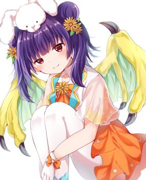 Rule 34 | 1girl, alternate costume, animal ears, animal hat, ankle lace-up, bloom, blue footwear, blue legwear, blunt bangs, blurry, blurry background, blurry foreground, bow, capelet, closed mouth, coattails, collarbone, dragon girl, dragon wings, dress, fake animal ears, feet out of frame, fire emblem, fire emblem: the sacred stones, fire emblem heroes, floral print, flower, gloves, green wings, hair flower, hair ornament, hair tie, hat, high-waist skirt, highres, hugging own legs, knees to chest, knees up, kokoshira 0510, lapels, light smile, long hair, looking at viewer, magical girl, miniskirt, multi-tied hair, myrrh (fire emblem), nintendo, official alternate costume, orange bow, orange dress, pale skin, pantyhose, polka dot, purple hair, rabbit ears, rabbit hat, red eyes, ribbon, short dress, sitting, skirt, sleeveless, solo, sunflower, tailcoat, twintails, two-sided fabric, vest, white background, white gloves, white pantyhose, wings, yellow vest, yellow wings