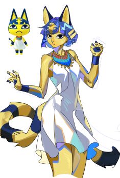 1girl absurdres animal_crossing animal_crossing:_new_horizons animal_ears ankha_(animal_crossing) bare_shoulders black_eyes blue_hair bob_cut cat_ears cat_girl cat_tail dress furry furry_female hair_ornament halter_dress halterneck highres karmaho nintendo reference_inset short_hair snake_hair_ornament solo striped_tail tail white_dress wristband yellow_fur