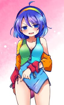 1girl ahoge blue_eyes blue_hair breasts collarbone commentary_request dress gradient_background hairband highres looking_at_viewer medium_breasts multicolored_dress multicolored_hairband panties patchwork_clothes pote_(ptkan) rainbow rainbow_gradient short_hair side-tie_panties simple_background single_bare_shoulder solo sweatdrop tenkyuu_chimata touhou two-sided_fabric underwear v-shaped_eyebrows wavy_mouth zipper zipper_pull_tab