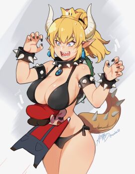 Rule 34 | 1boy, 1girl, absurdres, armlet, bikini, black bikini, blonde hair, blue eyes, blush, borrowed design, bowsette, bracelet, breasts, choker, crown, embarrassed, highres, horns, hug, jewelry, large breasts, mario, mario (series), mini person, miniboy, new super mario bros. u deluxe, nintendo, open mouth, patipat asavasena, pointy ears, shell, side-tie bikini bottom, simple background, spiked armlet, spiked bracelet, spiked choker, spiked tail, spikes, super crown, swimsuit, tail