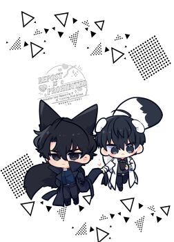 2boys animal_ears black_coat black_eyes black_hair black_shirt cat_ears cat_tail clothes_grab coat collared_shirt double-parted_bangs expressionless from_above full_body hair_between_eyes highres kemonomimi_mode kim_dokja kimidori_22 male_focus mouse_ears mouse_tail multiple_boys omniscient_reader&#039;s_viewpoint open_clothes open_coat popped_collar shirt short_hair tail walking white_coat yoo_joonghyuk