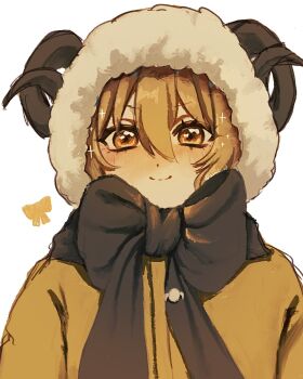 1girl black_scarf blonde_hair closed_mouth commentary don_quixote_(project_moon) eyelashes fur-trimmed_hood fur_trim hair_between_eyes heishou_pack-wei_branch_(identity)_(project_moon) highres hood horns ikomiki_o0 jacket limbus_company looking_at_viewer orange_eyes project_moon scarf simple_background smile solo sparkle symbol-only_commentary upper_body white_background yellow_jacket