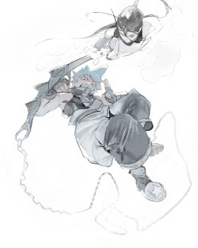 1boy 1girl absurdres black_hair black_shirt black_star blue_hair clenched_teeth highres kanji_(nievart) kuji-in nakatsukasa_tsubaki pants shirt simple_background sleeveless sleeveless_shirt soul_eater teeth turtleneck turtleneck_shirt white_background white_pants