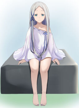 1girl barefoot blue_eyes commentary_request grey_hair grey_nails gumihakura long_hair long_sidelocks pandora_(re:zero) re:zero_kara_hajimeru_isekai_seikatsu sidelocks sitting smile solo very_long_sidelocks