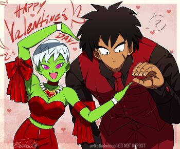 1boy 1girl ? bahnloopi black_hair breasts broly_(dragon_ball_super) cheelai colored_skin confused dragon_ball dragon_ball_super dragon_ball_super_broly green_skin grey_hair happy_valentine heart heart_arms heart_arms_duo heart_hands heart_hands_duo heart_hands_failure highres leaning_forward medium_breasts necktie red_necktie red_vest scar scar_on_face short_hair smile spoken_question_mark tall_male very_short_hair vest