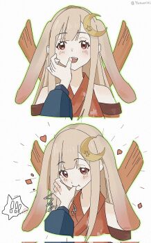 Rule 34 | !, 2girls, animal ears, biting, biting finger, blonde hair, cho kaguya-hime!, corrupted twitter file, crescent, crescent hair ornament, hair ornament, hashtag-only commentary, heart, highres, japanese clothes, kaguya (cho kaguya-hime!), kimono, long hair, lop rabbit ears, multiple girls, multiple views, open mouth, out of frame, pov, pov hands, rabbit ears, red eyes, red kimono, sakayori iroha, sasagawa yuki, simple background, smile, spoken exclamation mark, upper body, white background, yuri