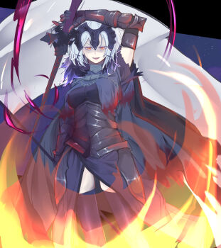 1girl armor armored_dress black_cloak black_dress chain cloak commentary_request dress evil_smile fate/grand_order fate_(series) fire fur-trimmed_cloak fur_trim headpiece highres holding holding_polearm holding_weapon jeanne_d&#039;arc_alter_(avenger)_(fate) jeanne_d&#039;arc_alter_(avenger)_(first_ascension)_(fate) jeanne_d&#039;arc_alter_(fate) kanaria_(bcomn) looking_at_viewer open_mouth plackart polearm short_hair smile solo weapon white_hair yellow_eyes