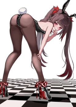 1girl alternate_costume animal_ear_hairband animal_ears ass bent_over black_hairband black_leotard black_pantyhose black_shoes blush bow brown_hair commentary_request fake_animal_ears fake_tail fingernails footwear_bow full_body hairband hand_on_own_knee hand_up high_heels highres honkai:_star_rail honkai_(series) leotard long_hair looking_at_viewer nail_polish oimo_imonium pantyhose rabbit_ears rabbit_tail red_bow red_eyes red_nails shoes solo sparkle_(honkai:_star_rail) strapless strapless_leotard tail twintails very_long_hair