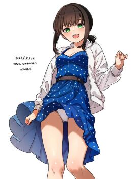 1girl belt black_hair blue_dress blush breasts cleavage clothes_lift collarbone commentary_request dated dress dress_lift fubuki_(kancolle) fubuki_(spring)_(kancolle) green_eyes hanako_(peanut) highres hood hooded_jacket hoodie jacket kantai_collection looking_at_viewer low_ponytail official_alternate_costume open_mouth panties polka_dot polka_dot_dress ponytail short_ponytail smile solo underwear white_jacket white_panties wind wind_lift