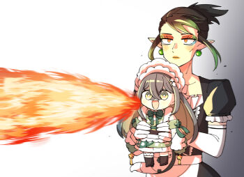 1boy 1girl :d black_dress black_hair black_socks blue_eyeshadow blush bonnet bow bowtie breath_weapon breathing_fire bright_pupils chibi closed_mouth colored_inner_hair commentary_request crossed_bangs dress earrings elbow_gloves expressionless eyelashes eyeshadow fire flower_in_eye frills gloves gradient_background gradient_hair green_bow green_bowtie green_dress green_eyes green_eyeshadow green_hair grey_background grey_hair hair_between_eyes hanabatake_chaika hanabatake_chaika_(1st_costume) highres jewelry lifting_person lipstick long_hair looking_ahead makeup momumimamomu multicolored_eyeshadow multicolored_hair nijisanji no_pupils open_mouth orange_eyes pointy_ears ponytail puffy_short_sleeves puffy_sleeves red_eyeshadow short_sleeves sidelocks simple_background size_difference sleeves_past_fingers sleeves_past_wrists smile socks symbol_in_eye togawa_nonoha very_long_hair virtual_youtuber white_background white_bonnet white_gloves white_pupils