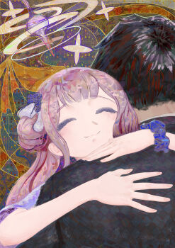 1boy 1girl abstract_background absurdres artstyle_request black_hair black_shirt blue_archive blue_scrunchie closed_eyes closed_mouth commentary crying flower hair_bun hair_flower hair_ornament halo happy_tears highres hug jpmc latin_commentary long_hair mika_(blue_archive) pink_hair pink_halo scrunchie sensei_(blue_archive) shirt single_side_bun smile tears wrist_scrunchie