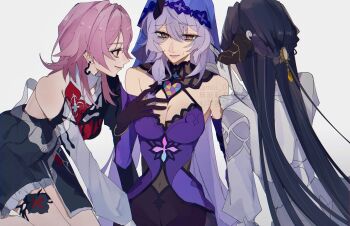 3girls absurdres black_hair black_swan_(honkai:_star_rail) breasts cleavage commentary covered_navel demon_horns detached_sleeves dress earrings english_commentary evernight_(honkai:_star_rail) gloves gold_trim hair_ornament highres honkai:_star_rail honkai_(series) horns jewelry large_breasts long_hair march_7th_(honkai:_star_rail) multiple_girls nervous pink_hair purple_hair red_eyes shino_(moi_0142) single_bare_shoulder single_earring smirk the_dahlia_(honkai:_star_rail) thigh_strap veil very_long_hair watermark yellow_eyes yuri