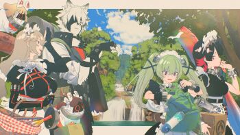 1boy 3girls alexandrina_sebastiane anastella_(zenless_zone_zero) animal_ears apron backpack bag bangboo_(zenless_zone_zero) basket bicep_strap black_dress black_gloves black_hair blue_sky body_fur bottle breasts brown_hair closed_mouth cloud colored_inner_hair colored_tips commentary_request corin_wickes dress drusilla_(zenless_zone_zero) ellen_joe fingerless_gloves furry furry_male gloves green_bag green_hair grey_vest guest_art hair_between_eyes hairband highres holding holding_basket large_breasts long_hair looking_at_another maid maid_headdress metal_hairband metal_wrist_cuffs multicolored_hair multiple_girls muzzle_(mask) open_mouth outdoors parted_lips partially_fingerless_gloves purple_eyes razor_blade_hair_ornament red_eyes red_nails screw_hair_ornament shark_girl short_hair sky spiked_headband sweat tree twintails uraura_ura-chan vest von_lycaon water white_apron white_fur white_hair wolf_boy wolf_ears zenless_zone_zero