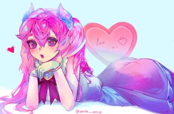 1girl ass blue_eyes bow bowtie brooch chibidoki_(vtuber) commentary crystal crystal_horns demon_girl demon_horns dress english_commentary english_text gloves heart heart-shaped_pupils heart_brooch highres horns huge_ass indie_virtual_youtuber jewelry long_hair nerpa_artist open_mouth pink_hair purple_horns symbol-shaped_pupils virtual_youtuber