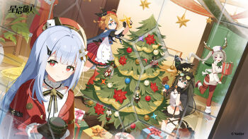 4girls :3 :d antlers bird black_hair black_ribbon black_shorts blue_eyes blue_hair braid breasts cardigan chibi christmas_ornaments cleavage closed_mouth clothing_cutout coffee_mug commentary commentary_request copyright_logo copyright_notice crow crown_braid cup decorating_christmas_tree donna_(stella_sora) dress english_commentary flower freesia_(stella_sora) freesia_(the_gift_of_falling_snow)_(stella_sora) from_outside fur_hat green_scarf grey_hair hair_ornament hairclip hat highres hip_vent holding holding_cup holding_ornament holding_star horned_hat horns indoors kneeling knit_sweater laru_(snowish)_(stella_sora) laru_(stella_sora) leg_up logo long_hair looking_through_window micro_shorts misuzu0342 mixed-language_commentary mug multi-source_commentary multicolored_hair multiple_girls neck_ribbon official_art open_cardigan open_clothes open_mouth orange_hair pantyhose papakha parallel_hairclips pinstripe_dress pinstripe_pattern post_haste_(stella_sora) purple_eyes red_cardigan red_dress red_eyes red_flower red_hat red_pantyhose ribbon scarf shirt short_dress shorts smile star_(symbol) steam stella_sora streaked_hair sweater sweater_dress teresa_(stella_sora) through_window tied_shirt toy_soldier very_long_hair white_dress white_hat white_shirt white_streaks white_sweater