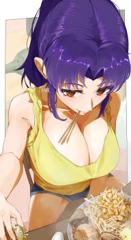 1girl absurdres beer_can blue_shorts breasts brown_eyes can chopsticks chopsticks_in_mouth commentary_request cutoffs drink_can food foreshortening highres iknsk katsuragi_misato large_breasts looking_at_viewer neon_genesis_evangelion noodles outside_border purple_hair ramen shorts sitting solo tank_top yellow_tank_top