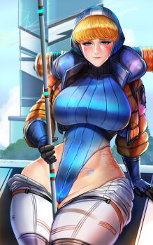 1girl adapted_costume alternate_breast_size animification apex_legends badcompzero blonde_hair blue_eyes blue_gloves blue_headwear blush bodysuit breasts facial_scar freckles gloves highres holding holding_pole hood hooded_bodysuit jacket large_breasts leaning_back lichtenberg_figure olympus_(apex_legends) orange_jacket pole scar scar_on_cheek scar_on_face sitting smile solo wattson_(apex_legends) white_bodysuit