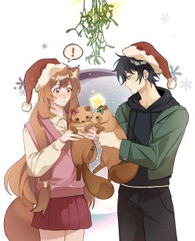 ! 1boy 1girl absurdres alternate_costume animal animal_ear_fluff animal_ears black_hair black_hoodie black_pants blunt_bangs blush bow brown_hair christmas closed_mouth collared_shirt commentary couple cowboy_shot dice657523 double-parted_bangs english_commentary fur-trimmed_headwear fur_trim green_eyes green_jacket hands_up hat head_bow hetero highres holding holding_animal hood hood_down hoodie iwatani_naofumi jacket long_hair long_sleeves messy_hair metal_hair_tubes miniskirt mistletoe nose_blush pants pink_bow pink_skirt pink_sweater_vest pleated_skirt pom_pom_(clothes) raccoon_ears raccoon_girl raccoon_tail raphtalia red_bow red_eyes red_hat santa_hat shirt shirt_under_hoodie short_hair sidelocks skirt snowflakes speech_bubble spoken_exclamation_mark straight_hair sweater_vest tail tanuki tate_no_yuusha_no_nariagari white_background white_shirt wing_collar yellow_shirt