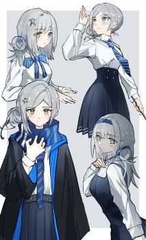 1girl black_robe black_skirt black_vest blue_bow blue_bowtie blue_hairband blue_necktie blue_scarf border bow bowtie collared_shirt diagonal-striped_bow diagonal-striped_bowtie diagonal-striped_clothes diagonal-striped_necktie freckles grey_background grey_eyes grey_hair hair_bun hair_ornament hairband hand_up harry_potter_(series) highres hogwarts_school_uniform medium_hair miniskirt multiple_views necktie outside_border ravenclaw reverse:1999 robe scarf school_uniform seventeen_meimi shirt short_hair single_side_bun skirt star_(symbol) star_hair_ornament striped_bow striped_bowtie striped_clothes upper_body vertin_(reverse:1999) vest white_border white_shirt wizarding_world