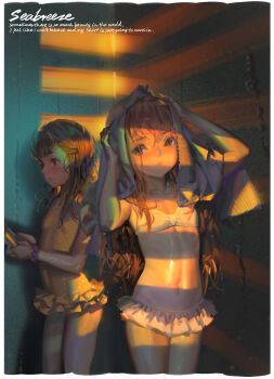 2girls absurdres alphonse_(white_datura) bikini brown_eyes brown_hair english_text female_focus flat_chest frilled_bikini frills highres indoors loli long_hair looking_at_viewer multiple_girls navel one-piece_swimsuit original source_request standing swimsuit tagme thighs towel wet