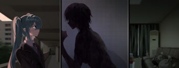 1girl 1other absurdres against_door aqua_hair black_eyes brown_jacket collared_shirt couch hatsune_miku highres jacket long_hair messy_room monitoring_(vocaloid) necktie open_mouth purple_necktie samsap school_uniform shirt short_sleeves smile speech_bubble trash_bag twintails very_long_hair vocaloid white_shirt worried