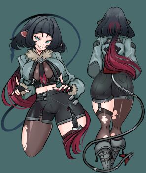 Rule 34 | 1girl, 2024, absurdres, animal ears, ass, black hair, black shorts, blue background, blue eyes, boots, breasts, brown pantyhose, brown thighhighs, coat, collarbone, contrapposto, dot nose, ear piercing, english text, feet out of frame, female focus, fingernails, from behind, gradient hair, grey boots, grey coat, grin, head tilt, high heel boots, high heels, highres, jane doe (zenless zone zero), kneepits, large breasts, lips, long hair, mechanical tail, midriff peek, missandydandy, mouse ears, mouse girl, mouse tail, multicolored hair, multiple views, nail polish, pantyhose, piercing, prehensile tail, red hair, red nails, seductive smile, shorts, simple background, single leg pantyhose, single thighhigh, sleeveless, smile, solo, standing, tail, thighhighs, torn clothes, torn pantyhose, torn thighhighs, two-tone hair, zenless zone zero