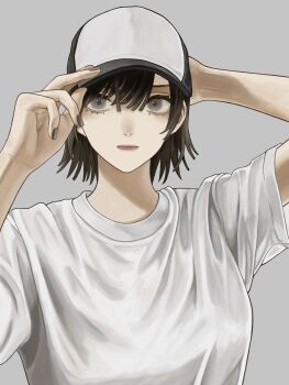 1girl absurdres adjusting_clothes adjusting_headwear asada_asahi black_hair black_hat breasts closed_mouth commentary eyelashes grey_background grey_eyes grey_nails hair_between_eyes hat highres lips looking_at_viewer medium_hair nose oiran original shirt short_sleeves simple_background small_breasts solo tomboy two-tone_hat upper_body white_hat white_shirt