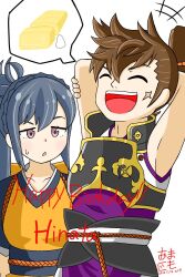 Rule 34 | 1boy, 1girl, amagumo1023, apron, blue hair, braid, brown hair, character name, closed mouth, crown braid, dated, fire emblem, fire emblem fates, happy birthday, highres, hinata (fire emblem), japanese clothes, nintendo, oboro (fire emblem), open mouth, orange apron, ponytail