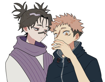 2boys bandaid bandaid_on_face bandaid_on_nose black_eyes black_hair black_jacket brown_hair choso_(jujutsu_kaisen) closed_mouth commentary_request hand_up itadori_yuuji jacket jujutsu_kaisen long_sleeves looking_at_another male_focus multiple_boys okayu_(okayuyuyu2) purple_scarf scarf shirt short_hair simple_background upper_body white_background white_shirt wide_sleeves wispy_bangs yellow_eyes