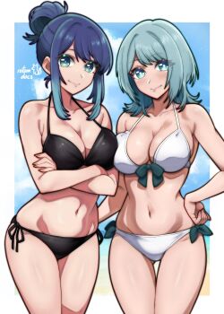 2girls absurdres aqua_eyes aqua_hair arm_under_breasts artist_name asymmetrical_docking bare_arms bare_shoulders bikini black_bikini blue_eyes blue_hair border breast_press breasts closed_mouth commentary commission cowboy_shot crossed_arms english_commentary front-tie_bikini_top front-tie_top full_cleavage gluteal_fold hair_rings hand_on_own_hip highres katayose_yura ko-fi_commission kurokawa_akane large_breasts legs_together light_blush light_smile looking_at_viewer medium_hair multiple_girls navel oshi_no_ko outside_border rotomdocs round_eyewear side-tie_bikini_bottom single_hair_ring standing swimsuit thigh_gap white_bikini white_border