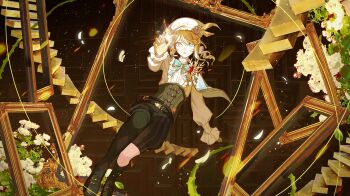 1boy absurdres androgynous argyle_clothes argyle_pantyhose argyle_socks asymmetrical_legwear belt belt_pouch beret bishounen black_belt black_corset black_shoes black_socks blonde_hair blue_capelet blue_eyes brooch capelet corset drill_hair drill_ponytail edgar_valden edgar_valden_(golden_ratio) facial_mark falling_petals floating_clothes floating_hair flower frilled_shirt frilled_sleeves frills full_body half_capelet hat hat_feather highres identity_v jewelry kneehighs light_particles loafers looking_at_viewer male_focus official_alternate_costume parted_lips pba_471 petals picture_frame pouch puffy_sleeves reaching shirt shoes sidelocks single_leg_pantyhose socks solo surreal trap uneven_legwear white_flower white_hat white_shirt yellow_pupils