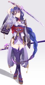 1girl alternate_costume arm_up armor blue_flower blunt_bangs blush breasts bridal_gauntlets cleavage commentary_request engulfing_lightning_(genshin_impact) eyeliner fan_hair_ornament flower flower_ornament full_body genshin_impact grey_background head_tilt highres holding holding_polearm holding_sword holding_weapon japanese_clothes katana kimono large_breasts lingerie long_hair macochocolate makeup mitsudomoe_(shape) mole mole_under_eye multicolored_hair musou_isshin_(genshin_impact) neck_ribbon off_shoulder open_mouth polearm purple_eyes purple_hair purple_kimono purple_thighhighs raiden_shogun red_eyeliner red_ribbon red_sash ribbon sash shade shadow shoulder_armor solo standing surprised sword thighhighs thighs tomoe_(symbol) underwear weapon