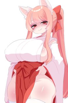 1girl animal_ears blush bow breasts cat_ears cat_girl clothes_lift detached_sleeves facepaint hair_bow hakama hakama_lift hakama_skirt highres huge_breasts indie_virtual_youtuber japanese_clothes kukuchi581 long_hair long_sleeves looking_at_viewer miko pink_hair red_bow red_eyes red_hakama shirt sideboob skirt sleeveless sleeveless_shirt smile standing taiwan_shuiguomao_lili thick_thighs thighhighs thighs twintails virtual_youtuber white_background white_shirt white_thighhighs wide_hips wide_sleeves