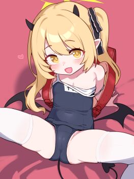 1girl :d absurdres black_horns black_wings blonde_hair blue_archive blue_one-piece_swimsuit commentary flat_chest halo highres horns ibuki_(blue_archive) lk149 loli looking_at_viewer one-piece_swimsuit open_mouth sitting smile solo swimsuit tail wings yellow_halo