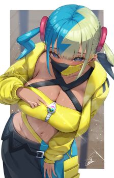 1girl absurdres aqua_hair bandeau belt black_belt black_mask blonde_hair blue_eyes blush breasts canari_(pokemon) cleavage collarbone commentary_request criss-cross_straps dark-skinned_female dark_skin enoha glowing highres jacket large_breasts long_sleeves looking_at_viewer mask mega_stone mouth_mask multicolored_hair navel nintendo pants pokemon pokemon_legends:_z-a short_twintails solo split-color_hair sports_bra stomach twintails two-tone_hair two-tone_mask two-tone_pants yellow_bandeau yellow_jacket yellow_mask yellow_sports_bra