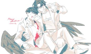 2boys arm_around_back arm_around_neck black_wings bleeding blood blood_from_mouth blood_on_clothes chest_belt coat feathered_wings full_body highres kim_dokja lifting_person looking_at_another merry_christmas multiple_boys nemomosso omniscient_reader's_viewpoint open_clothes open_coat partially_colored shirt sitting white_coat white_shirt wings worried yoo_joonghyuk