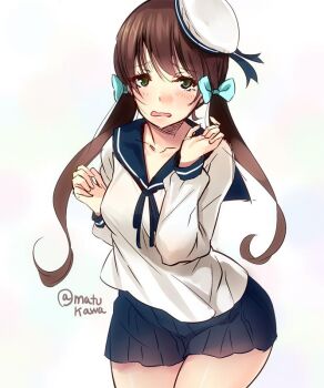 Rule 34 | 10s, 1girl, blush, brown hair, cowboy shot, error musume, female focus, green eyes, hat, jpeg artifacts, kantai collection, kneeling girl (kancolle), long hair, looking at viewer, low twintails, matsukawa (pale scarlet), school uniform, serafuku, skirt, solo, tears, twintails, twitter username, wavy mouth