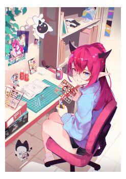 1girl absurdres airpods alternate_costume black_shorts bloom_(irys) blue_eyes blue_sweater book bookshelf bottle can cellphone chair charging_device clippers commentary cutting_mat dolphin_shorts double-parted_bangs drink_can earrings english_commentary glasses gloom_(irys) grin gunpla guyrys hair_between_eyes heterochromia highres hobby_knife holding holding_tool hololive hololive_english horns indoors irys_(hololive) jewelry leaf long_hair looking_at_another looking_at_viewer model_building model_kit namiorii no_shoes no_wings office_chair on_chair pebble_(koseki_bijou) phone photo_(object) pink_eyes pointy_ears polaroid_photo purple_hair round_eyewear shiranui_flare shiranui_flare_(1st_costume) short_shorts shorts sitting smartphone smile socks soda_can solo sweater swivel_chair tile_floor tiles toy_car toyota toyota_sprinter_trueno video_call virtual_youtuber white_socks wireless_earphones