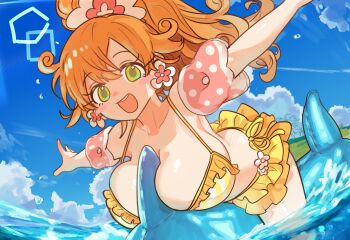 1girl absurdres bare_shoulders bikini blue_sky blush breasts cleavage ebora frilled_bikini frills green_eyes highres kai_(nyanko_daisensou) large_breasts long_hair looking_at_viewer nyanko_daisensou ocean open_mouth orange_hair ponytail rainbow sidelocks sky smile solo swimsuit yellow_bikini