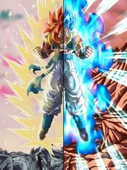 abs absurdres aura baggy_pants blue_eyes blue_hair clenched_hands dragon_ball dragon_ball_gt dragon_ball_super dragon_ball_super_broly dragon_ball_z_dokkan_battle dual_persona gogeta highres metamoran_vest muscular muscular_male pants red_hair sparkle split_screen super_saiyan super_saiyan_4 super_saiyan_blue vest wai_(y48754085)