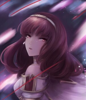 1girl armor aura breastplate cape celica_(fire_emblem) celica_(imprisoned_soul)_(fire_emblem) choker corruption dark_aura duma_(fire_emblem) earrings fire_emblem fire_emblem_echoes:_shadows_of_valentia from_side intelligent_systems jewelry leonmandala long_hair nintendo orange_eyes orange_hair possessed possession princess red_eyes red_hair solo tears tiara white_armor witch
